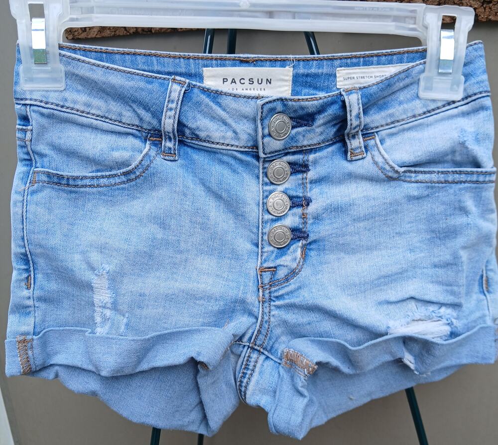 PacSun Super Shortie Stretch Faded Blue Denim Shorts 22 XS Button Fly Distressed
